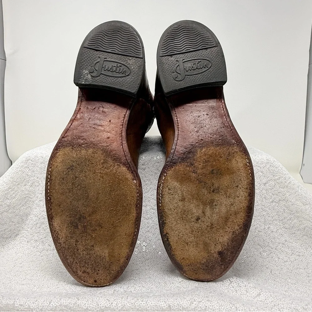 Men’s Justin USA Brown Leather Round Toe western Roper Cowboy boots 91/2D